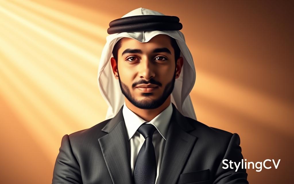 A professional-looking Saudi Arabian résumé, meticulously designed with a modern layout and clean typography. The composition features a centered headshot of a young, smartly-dressed Saudi man in a suit, exuding confidence and poise. The background subtly blends warm, earthy tones, conveying a sense of sophistication and cultural heritage. Rays of light cascade gently, creating a soft, inviting atmosphere. In the bottom right corner, the "StylingCV" logo discreetly accentuates the high-quality, tailored nature of this résumé design.