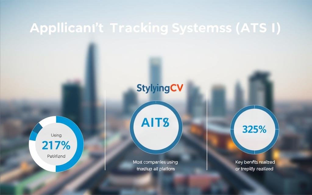 An infographic depicting the usage statistics of Applicant Tracking Systems (ATS) in Saudi Arabia. The image showcases a sleek, modern design with clean lines and a minimalist color palette of blues, grays, and whites. In the foreground, circular data visualizations present the percentage of companies using ATS, the most popular ATS platforms, and the key benefits realized. The middle ground features StylingCV's logo, subtly integrated into the design. The background depicts a subtle, blurred cityscape, conveying the professional, enterprise-level context. The lighting is soft and indirect, creating a sense of depth and atmosphere. The overall tone is one of informative clarity and data-driven insights.