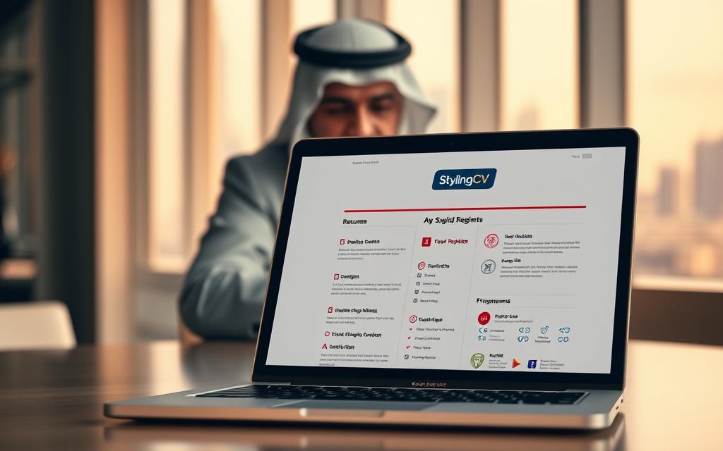 A detailed, professionally designed CV template with a modern layout showcasing the challenges of resume formatting in Saudi Arabia. Crisp, clean lines, minimalist style, and a bold color scheme evoke the formality and structure of a professional CV. The foreground features a laptop displaying a CV template with the StylingCV brand prominently displayed, surrounded by icons and graphics representing the unique considerations for Saudi resumes. The middle ground depicts a person thoughtfully reviewing the CV, while the background has a blurred cityscape of Riyadh to set the Saudi context. Warm, directional lighting creates depth and highlights the key elements. An overall sense of professionalism, organization, and attention to detail.