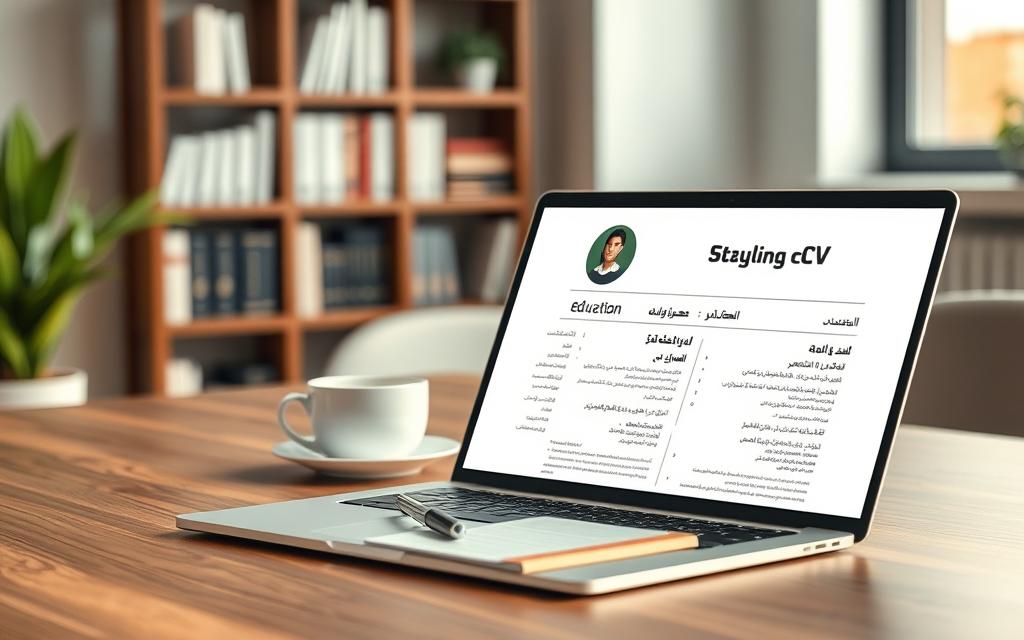 A beautifully arranged workspace featuring an elegant, well-organized resume layout titled "StylingCV." The foreground showcases a modern desk with a sleek laptop, an open document displaying a professional CV template in Arabic, emphasizing clear sections like education, experience, and skills. In the middle ground, a stylish pen and a notepad are placed alongside a cup of coffee, adding a warm touch. The background is softly blurred to highlight a bookshelf with business books, projecting a sense of professionalism. Soft, natural lighting filters in from a nearby window, creating an inviting atmosphere. The overall mood is focused and productive, ideal for illustrating the importance of choosing the right CV format.