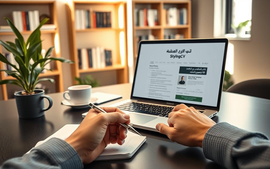A professional and modern workspace, featuring a sleek desk with a laptop open to a beautifully designed Arabic resume template. In the foreground, a hand is holding a pen, poised above a notepad with notes on the importance of Arabic resume templates. The middle ground includes a stylish plant and a coffee cup, symbolizing a productive environment. The background shows a well-organized bookshelf filled with career development books, softly illuminated by natural morning light pouring through a window, creating a warm and inviting atmosphere. The image conveys a sense of professionalism and inspiration for job seekers. StylingCV is subtly integrated into the design of the resume template on the laptop screen, enhancing the focus on high-quality resume presentation. The overall mood is motivating and encouraging, perfect for anyone looking to enhance their career prospects.