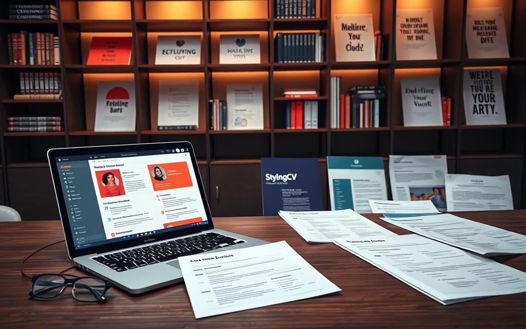 A professional and modern workspace showcasing a diverse range of resume templates tailored for different industries. In the foreground, a well-organized desk with a laptop open to a resume editing software, displaying a vibrant template. A stylish, professional-looking folder labeled "StylingCV" sits next to the laptop. In the middle ground, various printed resume samples in different colors and designs, representing fields such as technology, healthcare, education, and creative arts, are neatly spread out, highlighting customization options. The background features shelves lined with books and motivational quotes, bathed in warm lighting that creates an inviting atmosphere. Capture the mood of professionalism and creativity, with a camera angle that focuses on the desktop arrangement to emphasize the customization theme.