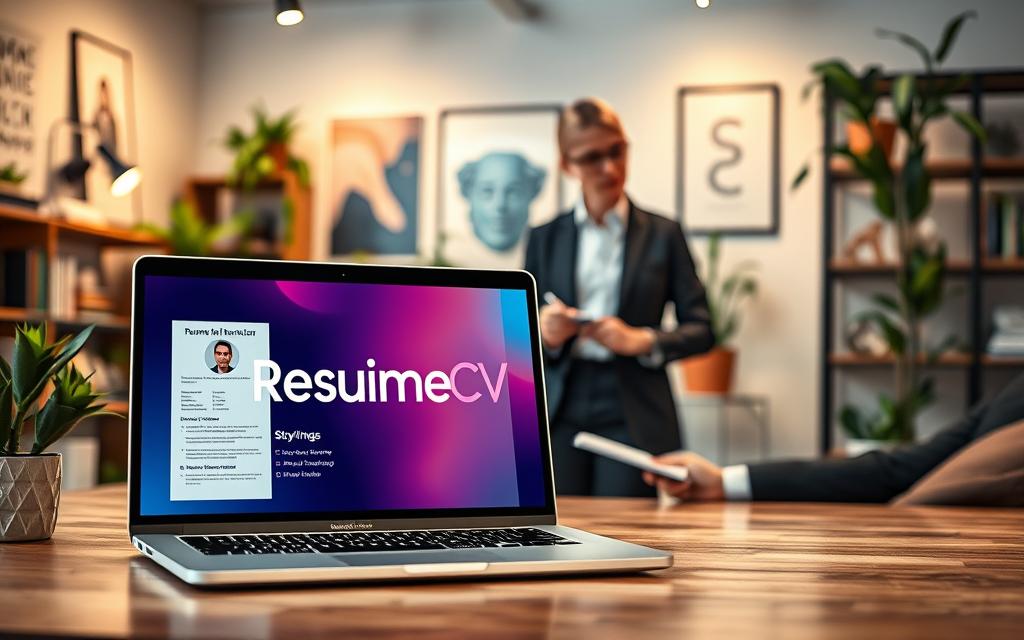 A professional and visually appealing scene illustrating a digital resume creation process. In the foreground, a sleek laptop displays a beautifully designed resume template with the brand name "StylingCV" prominently featured. Enhance the laptop's screen with vibrant colors and modern typography. In the middle ground, a focused professional, dressed in smart business attire, interacts with the laptop and takes notes. The background features a stylish office environment with soft, warm lighting, showcasing bookshelves, plants, and inspirational artwork. The atmosphere is one of productivity and creativity, evoking a sense of empowerment and professionalism. Use a wide-angle lens to capture the entire scene, creating a welcoming and motivating vibe. Ensure the image remains clean and devoid of any text or branding outside of "StylingCV".
