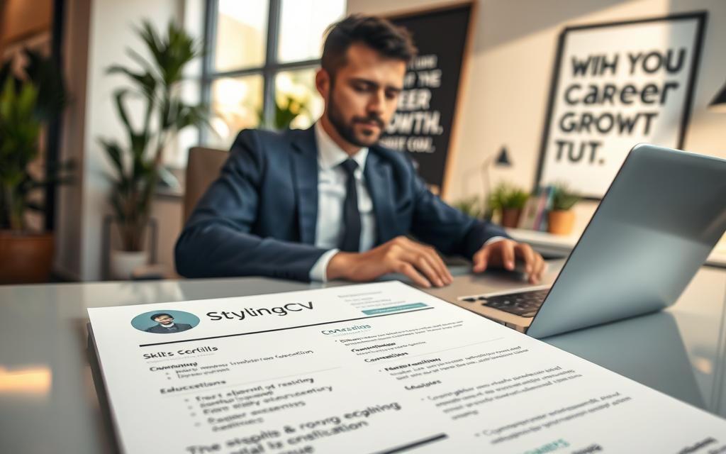 A professional setting with a well-dressed individual sitting at a sleek desk, reviewing a resume on a laptop. The foreground features a close-up of a polished resume layout showcasing skills, experience, and education. The middle ground includes a stylish office with plants and modern decor, creating a positive work environment. In the background, a motivational poster about career growth can be seen. Soft, natural lighting illuminates the room, suggesting a calm yet focused atmosphere. The camera angle is slightly from above, emphasizing the clarity and organization of the resume. The overall mood is one of professionalism and ambition, with the brand name “StylingCV” subtly included in the design elements of the resume.