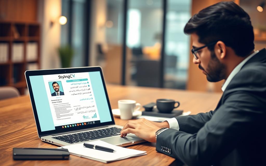 A professional workspace featuring a modern wooden desk with an open laptop displaying a stylishly designed Arabic CV template from "StylingCV". In the foreground, a well-dressed individual in business attire is carefully reviewing the CV on the laptop, their expression focused and engaged. In the middle ground, a neatly organized array of office supplies, such as a notebook, a pen, and a coffee cup, enhances the professional setting. The background showcases a soft focus of a contemporary office environment with warm lighting, creating an inviting and productive atmosphere. The image captures the essence of finding reliable Arabic CV websites in Saudi Arabia, emphasizing professionalism and the importance of an effective CV in today's job market.