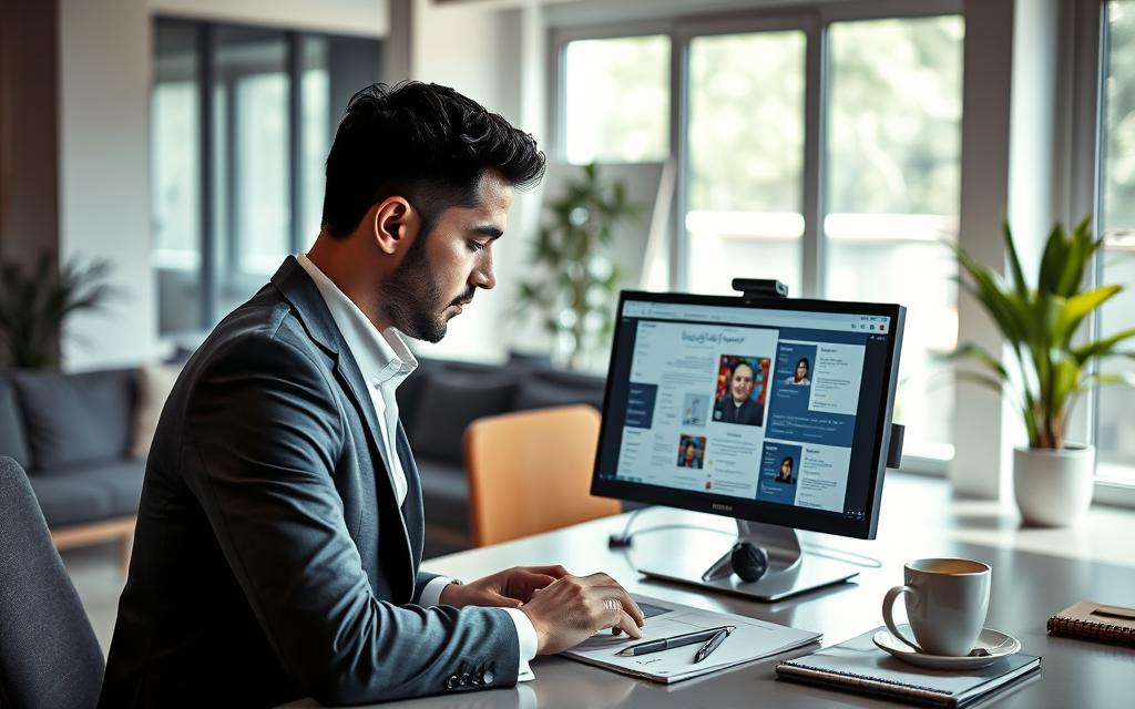 A sleek and modern workspace featuring a professional-looking computer setup showcasing the "StylingCV" brand website, with an open browser displaying a variety of Arabic resume templates. In the foreground, a well-dressed individual, a young Arabic man in a smart business suit, is thoughtfully reviewing the templates. The middle ground includes a stylish desk adorned with a succulent plant, a notepad, and a coffee cup, creating a productive atmosphere. The background features a bright, well-lit room with large windows allowing natural light to filter in, enhancing the inviting environment. The overall mood is focused, inspiring creativity and professionalism, ideal for building a polished CV.