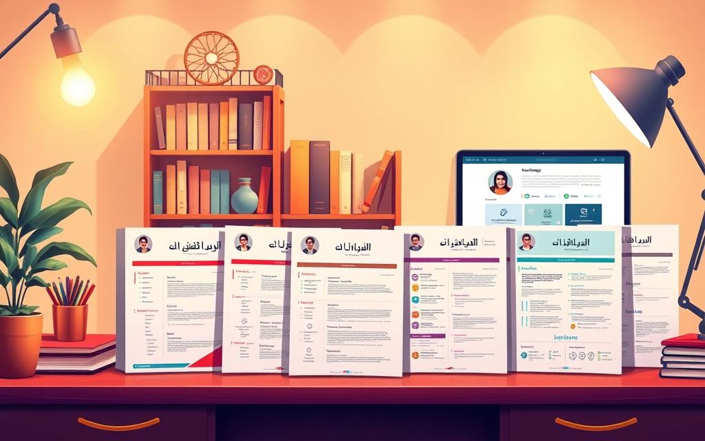 A vibrant and engaging illustration showcasing various types of Arabic resume templates, arranged neatly on a desk. In the foreground, several distinct resume designs are elegantly displayed, each featuring unique layouts and color schemes, emphasizing professionalism with clean lines and modern aesthetics. The middle ground showcases a decorative bookshelf filled with related career development books, while a laptop displays a professional website about resume building. In the background, soft, ambient lighting creates a warm and inviting atmosphere, enhancing the focus on the resumes. The overall mood is one of inspiration and professionalism, inviting viewers to explore the diversity in Arabic resume formats. Include the brand name "StylingCV" subtly incorporated into the design.