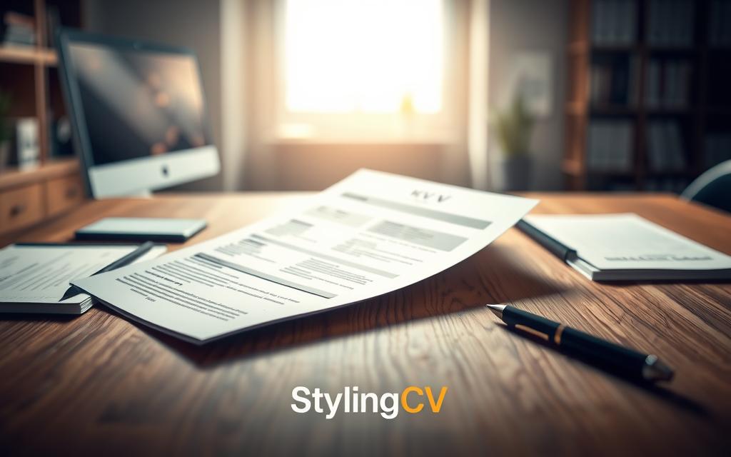 A visually striking image depicting the concept of "معايير السيرة الذاتية" (Criteria for CV Selection). In the foreground, a sleek, modern CV template is displayed on a wooden desk, surrounded by professional stationery items like a pen and a notepad. In the middle, a light source casts soft shadows, enhancing the texture of the CV. In the background, blurred outlines of office components like a computer or bookshelves evoke a professional atmosphere. The lenses capture a slight depth of field, focusing on the CV while the background remains softly out of focus. The mood is one of inspiration and professionalism, emphasizing clarity in design and presentation. The brand "StylingCV" is subtly represented through the style of the CV template, reflecting modern aesthetics and effective layout.