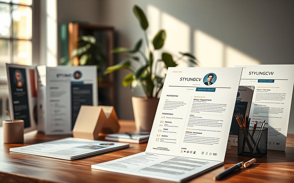 Create an image showcasing various professional resume templates displayed elegantly on a wooden desk. In the foreground, focus on a detailed, eye-catching resume with a clean design, emphasizing modern typography and a professional layout. In the middle ground, include a few additional templates, each varying in color and style, displaying sections for personal information, work experience, and skills. The background should suggest a well-lit office environment, featuring a potted plant and some stationery items. Use soft, natural lighting to create a warm and inviting atmosphere. Include the brand name "StylingCV" subtly integrated into the design of one of the resumes. The overall mood should be inspiring and professional, ideal for someone seeking to create a standout PDF resume.
