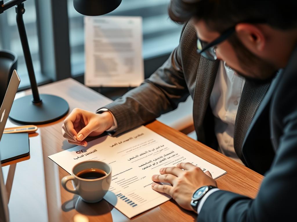 مسؤول توظيف يراجع سيرة ذاتية عربية احترافية مصممة باستخدام مواقع عربية لصنع سيرة ذاتية