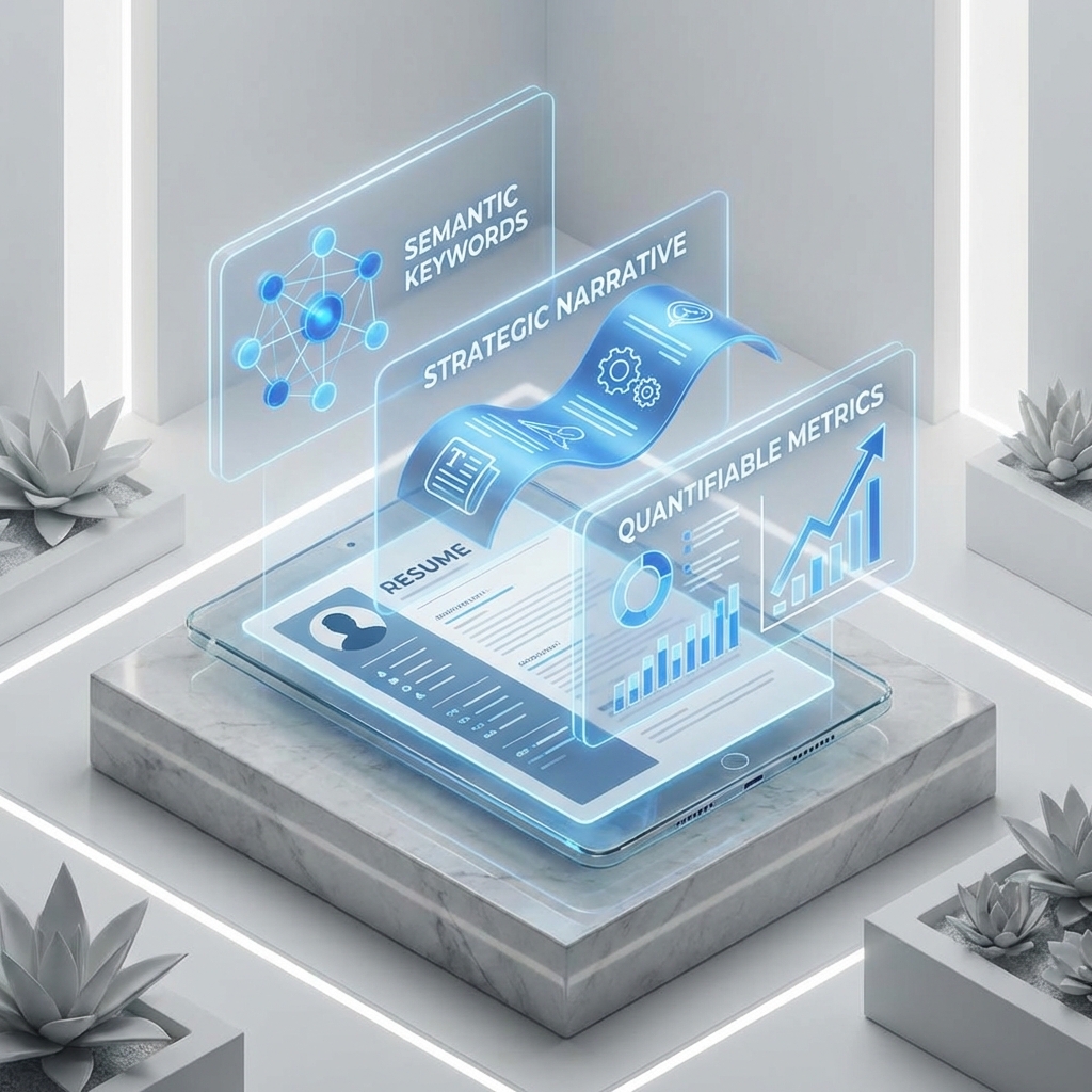 Anatomy of a Modern Digital Resume showing Semantic Keywords, Strategic Narrative, and Metrics