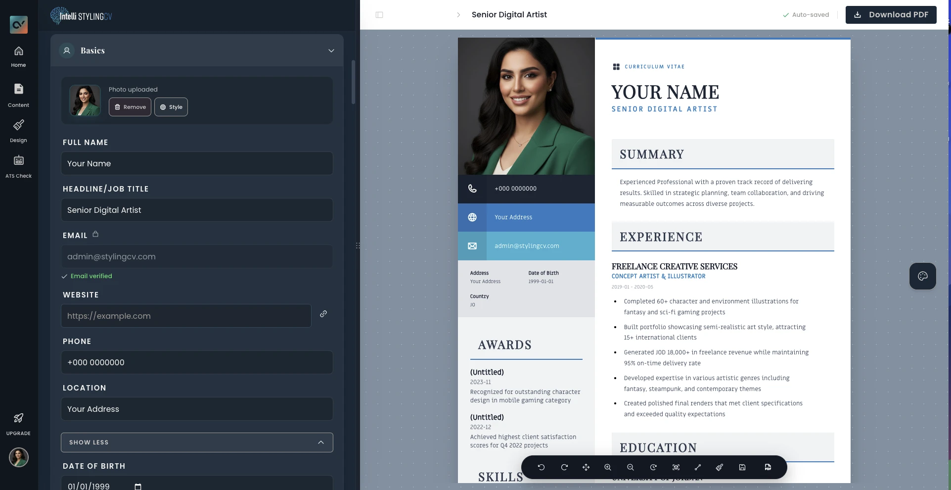 StylingCV AI Resume Builder - Content editor with real-time preview showing name, headline, email, phone and location fields