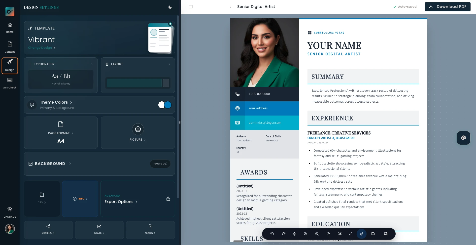 StylingCV Design Settings - Template selector, typography, theme colors, dark mode, background customization and export options