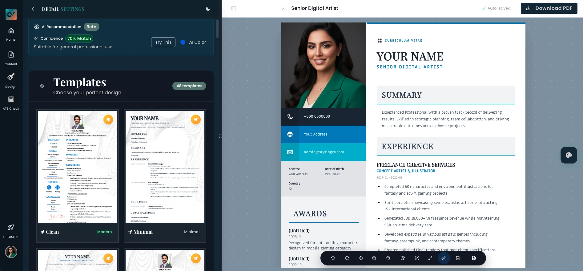 StylingCV Template Gallery - 48 professional resume templates with AI Recommendation showing 70% confidence match